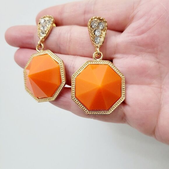 2/$20 Brand New Gold Tone Orange Rhinestone Earrings - Picture 5 of 8